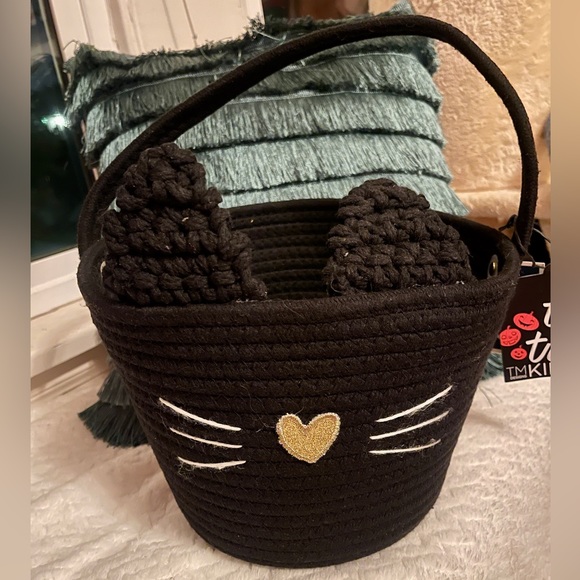 NEW Halloween Black Cat Trick or Treat Bag Bucket Woven Fabric & Crochet Ears - Picture 2 of 8